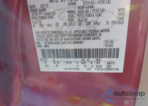 2012 Ford Escape Limited from USA, damaged, VIN 1FMCU0EG5CKC55691